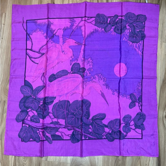 Thai Silk Batik Scarf Long Billed Birds Handcrafted Shocking Pink Maximalist - Picture 1 of 7